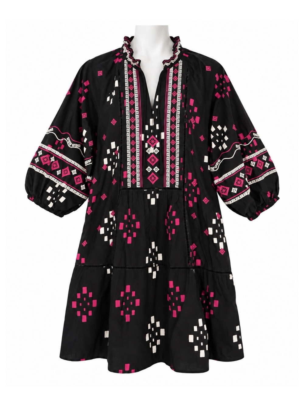 Size S Sfera Basic Women’s Black Fuchsia Embroidered Boho Ruffle Neck Mini Dress